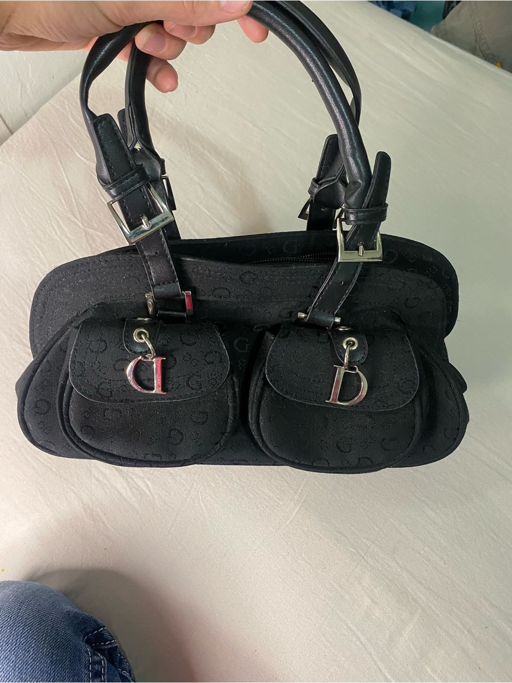 Y2K Black Canvas Double Front Pocket Satchel with 2 'D' Charms, unbranded !